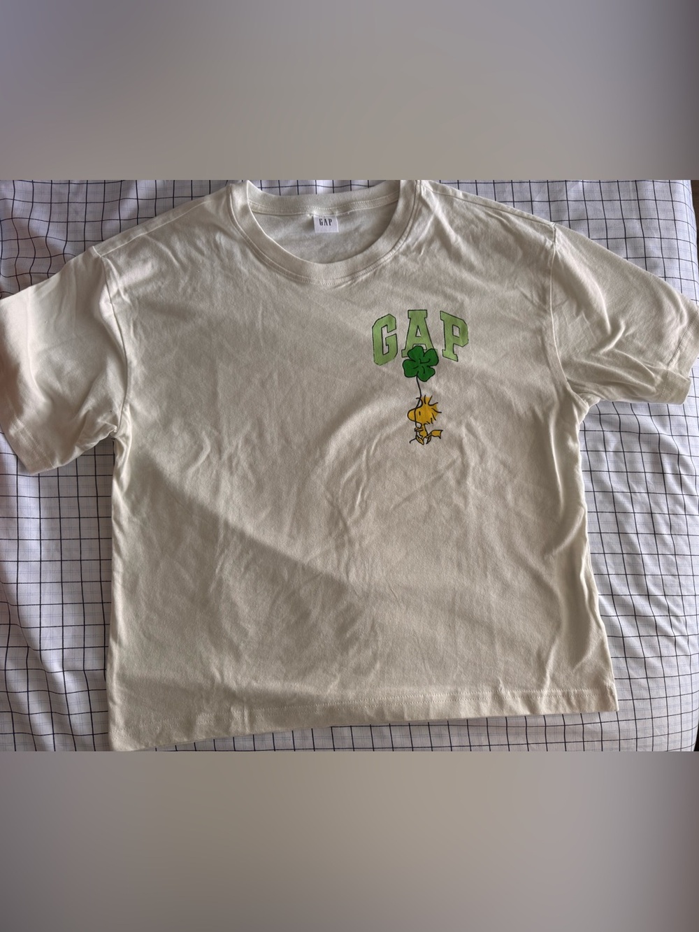 GAP Cream Tee with Green Logo and Yellow Woodstock Graphic